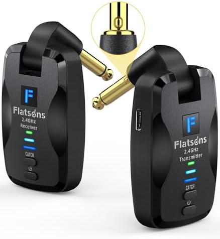 FW2D Wireless Guitar System Exclusive Mute Plug, 2.4 GHz 18 Channel Wireless Guitar Transmitter Receiver, Cordless Guitar Transmitter Rechargeable USB C for Acoustic Electric Guitar, Bass, Ukulele etc