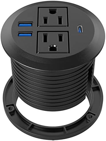 Recessed Power Grommet with AC Outlets, 20W Fast Charging USB-C Port - Flush-Mount for Desktop,Workspace Essential Desk Outlet Black