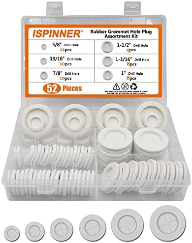 ISPINNER 52pcs 6 Sizes Rubber Grommet, Double Sided Round Rubber Hole Plug, Drill Hole 5/8" 13/16" 7/8" 1" 1-3/16" 1-1/2" (White)