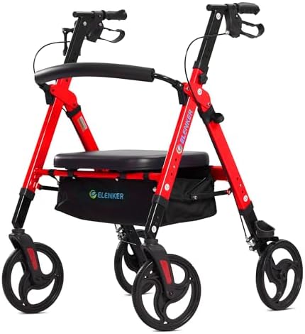 ELENKER Heavy Duty Rollator Walker with Extra Wide Padded Seat and Backrest, Aluminum Bariatric Rolling Walker, 10” Wheels, Support up to 500lbs for Seniors, Red