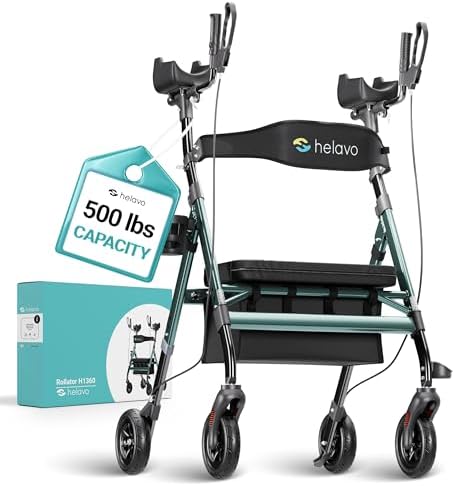 Helavo Extra Wide 28.3" Bariatric Upright Walker for Seniors, 500 lbs Capacity with 8“ Flat-Free Solid Rubber Tires, Height Adjustable Stand Up Walker with Seat, All Terrain Heavy Duty Rollator