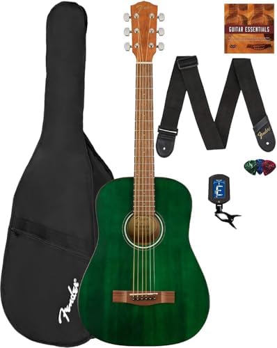 Fender FA-15 3/4-Scale Kids Steel String Acoustic Guitar - Green Learn-to-Play Bundle with Gig Bag, Tuner, Strap, Picks, Fender Play Online Lessons, and Austin Bazaar Instructional DVD
