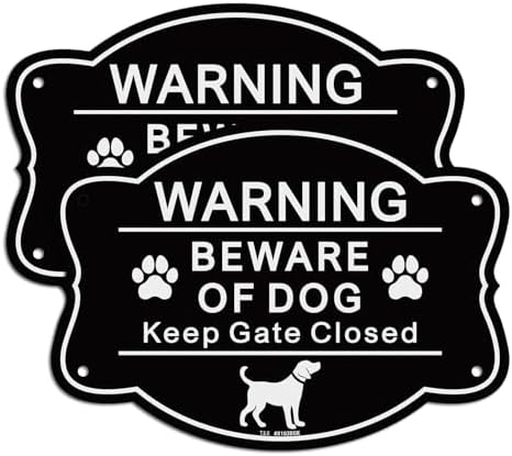 T&R Beware of Dog Sign Keep Gate Closed Sign - 2 Pack - 9.5 x 6.8 Inches Rust Free .040 Aluminum Reflective - UV Protected, Waterproof, Weatherproof and Fade Resistant - 4 Pre-drilled Holes