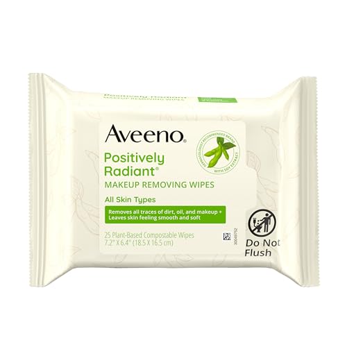 Aveeno Positively Radiant Makeup Remover Wipes, Gentle Individual Face Wipes with Moisture-rich Soy Extract to help leave your skin looking bright, Hypoallergenic Formula, Non-Comedogenic (Pack of 25)