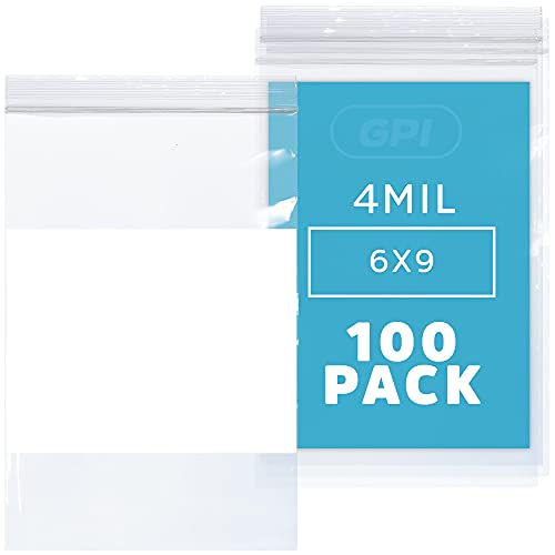 GPI - 6" x 9" - Bulk Pack of 100, 4 Mil Thick, Heavy Duty, Clear Plastic Reclosable Zip Bags, with Write-on White Block for Labeling, Strong & Durable Poly Baggies with Resealable Zipper Top Lock.