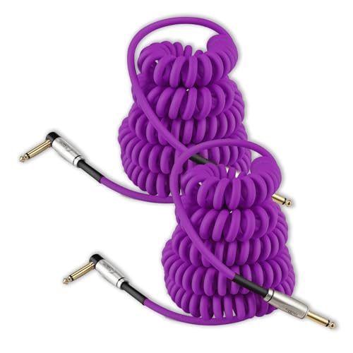 Coil Guitar Cable 10 ft 2 Pack, Curly Electric Instrument Guitar Bass Cord AMP Lead 1/4 Straight to Angled Purple