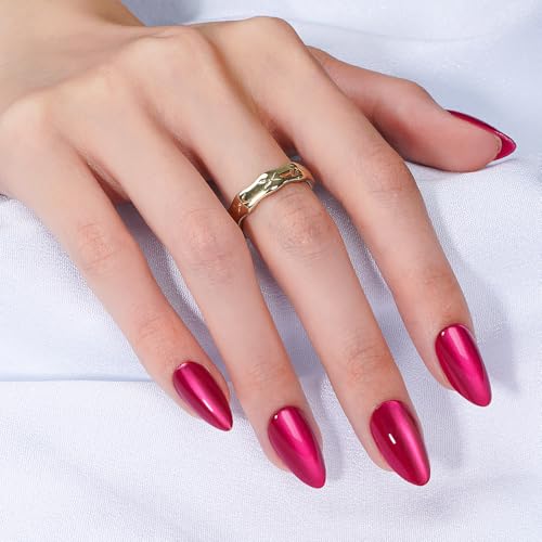 Canvalite Press On Nails Short Almond, 30Pcs Cat Eye Press on Nails Reusable Acrylic Fake Nails with Glue & Glue Remover Easy to Use Manicure Kit for Women, Rose Red