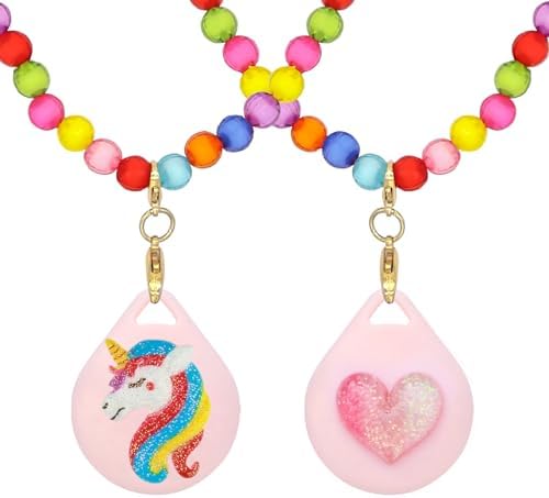 2 Pack for Airtag Necklace Holder for Kids, Cute Kawaii Beaded Necklace Case for Girls (Heart-Unicorn)