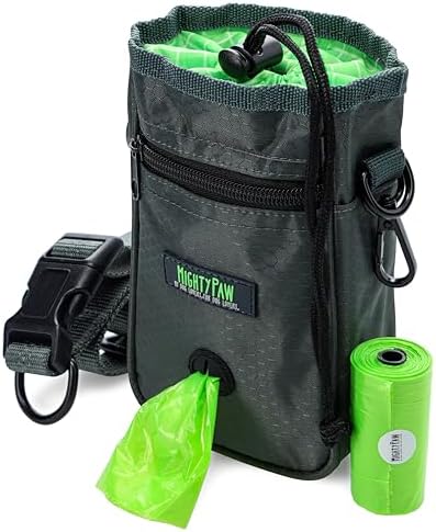 Mighty Paw Dog Treat Bag - Drawstring Closure Pouch - Includes Carabiner Hook and Pick-up Bags - Dog Paw Treat Bag - Pet Training Pouch - (Grey/Green)