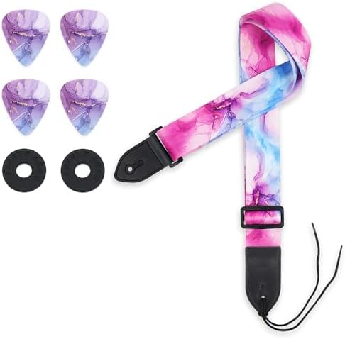 lizimandu Adjustable Guitar Strap Includes 2 Strap Locks & 4 Matching Picks.Leather ends Guitar Shoulder Strap Suitable for Acoustic Guitar,Electric Guitar,for Guitarist(1-Purple Blue Splash Ink)