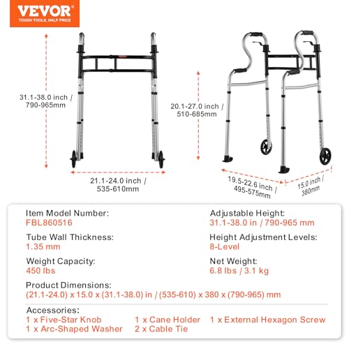 VEVOR Folding Walker on Wheels, 3-in-1 Stand-Assist Folding Walkers with Adjustable Height and Width, Lightweight Aluminum | Front Wheeled Mobility Aid for Elderly Handicapped Disabled, Up to 350LBS