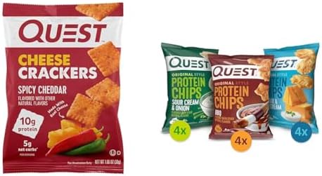 Quest Nutrition Cheese Crackers, Spicy Cheddar Blast, 10g of Protein & Protein Chips Variety Pack, (BBQ, Cheddar & Sour Cream, Sour Cream & Onion), High Protein, Low Carb, 1.1 Ounce (Pack of 12)