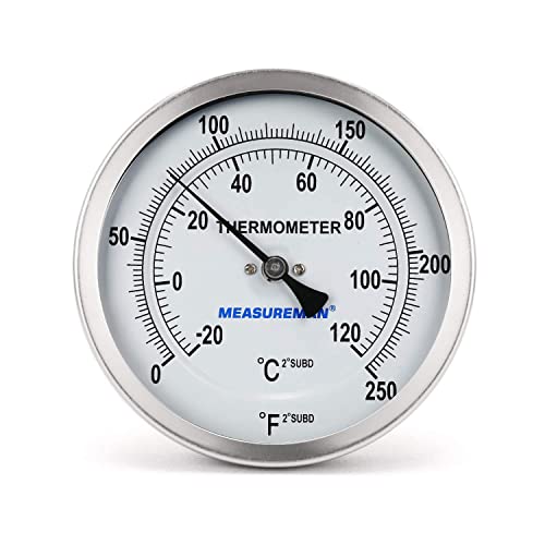 Measureman Fully Stainless Steel Pot, Kettle, Brewing Bimetal Dial Thermometer, 3" Dial, 6" Stem, 0-250 deg F/-20-120 deg C, -1% Accuracy, Adjustable, 1/2" NPT Back Mount