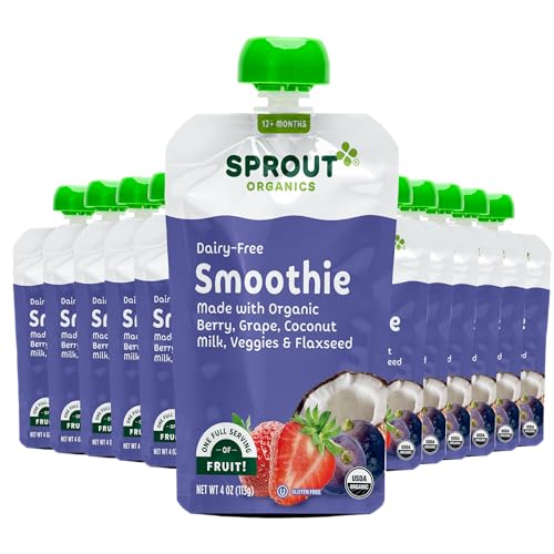 CoComelon Sprout Organics, Dairy-Free Smoothie, Berry, Grape, Coconut Milk, Veggies & Flax Seed, 12+ Month Pouches, 4 oz (12-count)