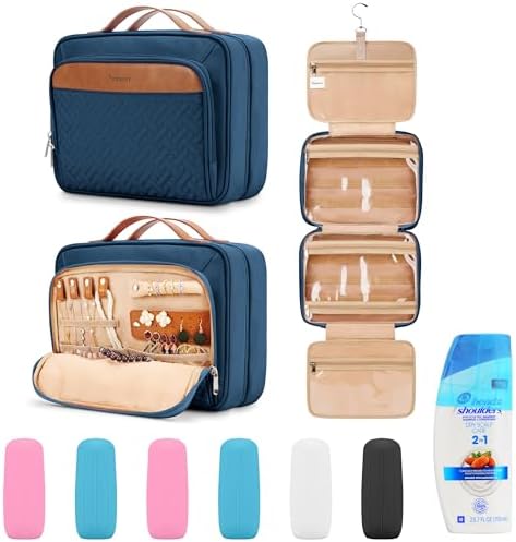 Travel Hanging Toiletry Bag for Women, Large Makeup Bag 8 Leak Proofing Silicone Bottle Covers, Waterproof Cosmetic Bag with Jewelry Organizer Compartment, Toiletries Kit Set, Navy Blue