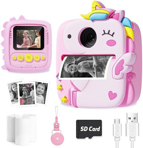 Kids Camera Instant Print, 1080P HD Digital Video Cameras for Kids with Print Paper & SD Card, Christmas Birthday Gifts for Girls Boys, Portable Unicorn Toys for 3-10 Year Old Girls Boys- Pink
