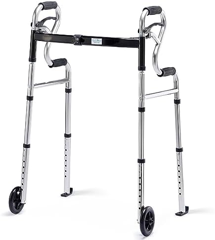 Walkers for Seniors with 5” Front Wheels by Health Line Massage Products, Width Adjustable Compact Standard Walker Support Up to 350lbs, Quick Folding 2 Wheels Walker for Seniors, Adults Sliver