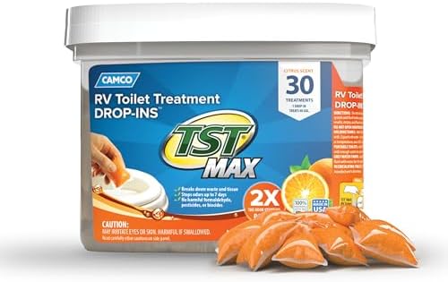 Camco TST MAX Camper/RV Toilet Treatment Drop-INs - Control Unwanted Odors & Break Down Waste and Tissue - Safe Septic Tank Treatment - Orange Scent, 30-Pack (41183)