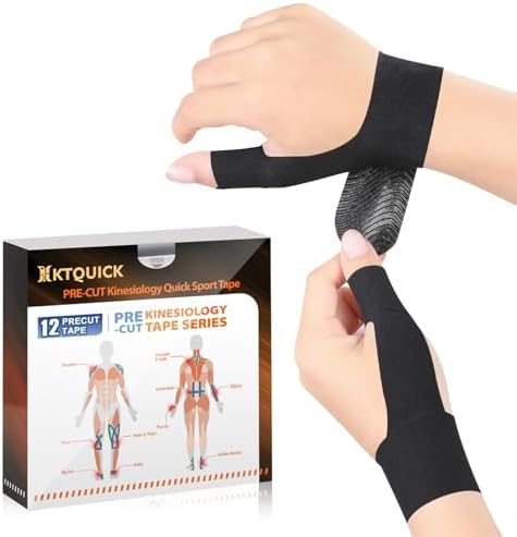 Precut Kinesiology Tape for Finger Valgus–12PCS KTQUICK Pain Relief Athletic Tape, Waterproof &Hypoallergenic Latex-Free, Elastic Breathable Long-Lasting Elbow Support Tape for Right(Black)