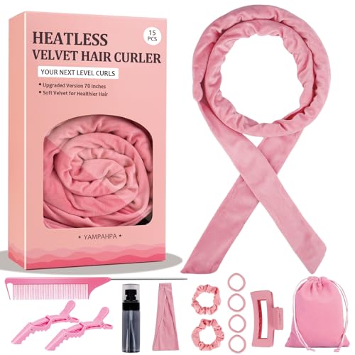 Heatless Curling Rod Headband, 70" Long, Soft Velour Hair Curlers for Medium Long Hair, Overnight Hair Rollers Set, Lazy Hair Curlers to Sleep In, 15 Pcs