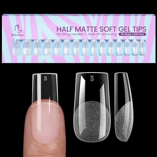 BTArtbox Square Gel Nail Tips - 320pcs Press on Nails Medium, Pre-shape Half Matte Clear False Tips, Full Cover Acrylic Fake Nails For Nail Extension, Home DIY Nail Salon 16 Sizes