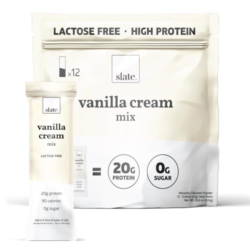Slate Milk - High Protein Drink Mix Powder - Vanilla Cream, 12 Packets - Lactose Free, 20g Protein, 0g Sugar, 90 Calories, 1g Carbs, No Added Sugar - Breakfast Boost - Post Workout - 25g per Stick