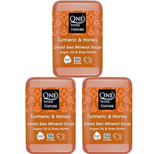 One With Nature Honey & Turmeric Soap Bar for Face & Body 7oz Bar 3pk, Argan Oil, Shea Butter, Dead Sea Salt Contains Magnesium, Sulfur & 21 Essential Minerals. All Skin Types, Eczema, Psoriasis, Acne