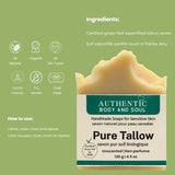 1 Ingredient Organic Tallow Soap for Sensitive Skin - 130 grams plus, Pack of 1 - Unscented and Fragrance Free Beef Tallow Skincare, Naturally Gentle (UNSCENTED) (PURE SINGLE BAR)