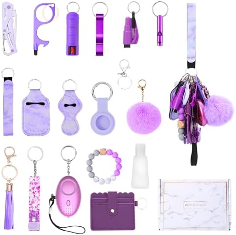 AMIR Safety Keychain Set for Women, Wristlet Strap Keychain with Personal Alarm and Pom Pom Accessories Kit, Gifts for Women and Girls (Purple)