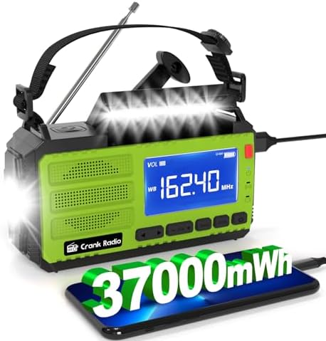 Emergency Weather Radio, Solar Hand Crank Radio AM/FM NOAA 37000mWh, Weather Alert Radio with 3 Mode Flashlight, Reading Lamp, SOS Alarm, Compass, Headphone Jack for Home Camping Emergency (Green)