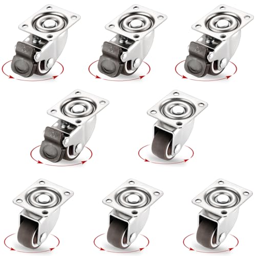 8Pcs Small Caster Wheels 1 Inch, Low Profile Swivel Casters, No Noise Little Rubber Base Rolling Metal Plate Caster Wheel for Small Furniture Moving(4 with Brakes & 4 Without)