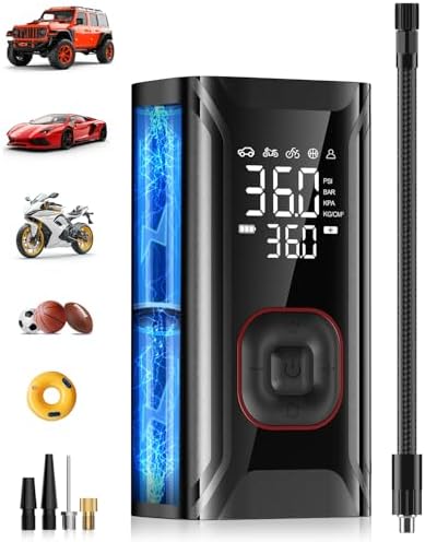 Tire Inflator Portable Air Compressor, Mini Air Pump for Car Tires, Electric Bike Tire Pump with Digital Pressure Gauge, Battery Powered Cordless Tire Inflator for Motorcycle Auto Ball Bicycle