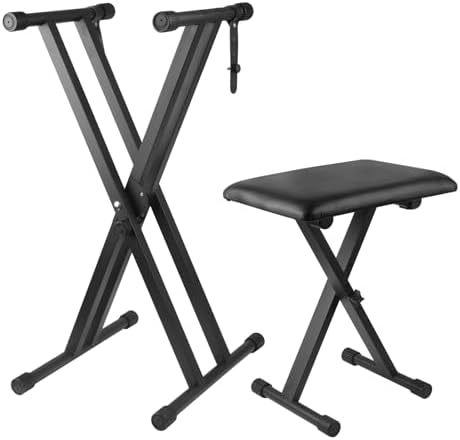 Keyboard Stand Piano Bench Set, Double X Adjustable Keyboard Stand Piano Stand with Lockable Straps, (Piano Keyboard Stand x 1, Piano Bench x 1), (7 Adjustable Heights)