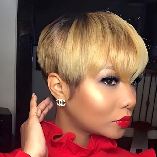MOONSHOW Short Pixie Cut Wigs for Black Women Ombre Blonde Short Pixie Cut Wig 1B/4/27 Pixie Cut Wigs with Bangs Synthetic Short Blonde Pixie Wigs for Black Women Color Short Wigs(Blonde to Brown)