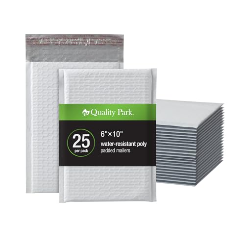 Quality Park Bubble Mailers, 6" x 9", White Poly Mailers, Padded Envelopes, Shipping Bags, Water Resistant, Self Seal, 25 Per Box (1002347)