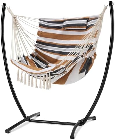 Hammock Chair with Stand,Heavy-Duty Hanging Bohemian Style Chair with Stand, for Indoor Outdoor,with Headrest and Side Pockets, Maximum Load Capacity 330lbs (Brown Stripe)