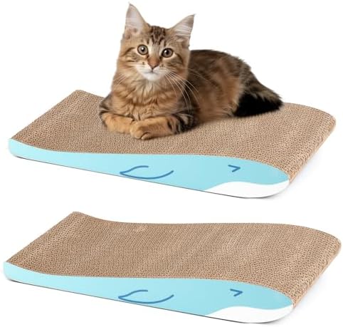 ComSaf Cat Scratching Board 2 Pack, Cat Scratcher Cardboard, Curved Cat Scratcher, Cute Cat Scratch Pad for Kitty, Recycle Cardboard, Double-Sided Pad for Long Lasting Use (Blue Whale)