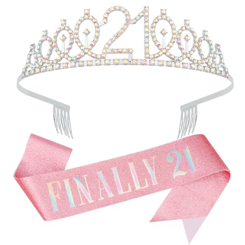 21st Birthday Crowns and Sashes for Women, Princess Tiara Birthday Sash Set Elegant Sliver Crown with Combs for Girls Crystal Tiaras Birthday Headpieces for Party Hair Accessories Gifts