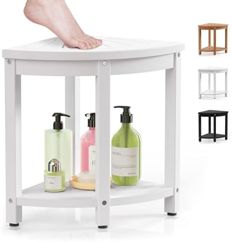 Corner Stool for Inside Shower Waterproof, HIPS Poly Lumber Shower Bench Seat Chair, Bath Shower Stool for Shaving Legs, Foot Rest with Adjustable & Non-Slip Feet, Load 400 lbs, White