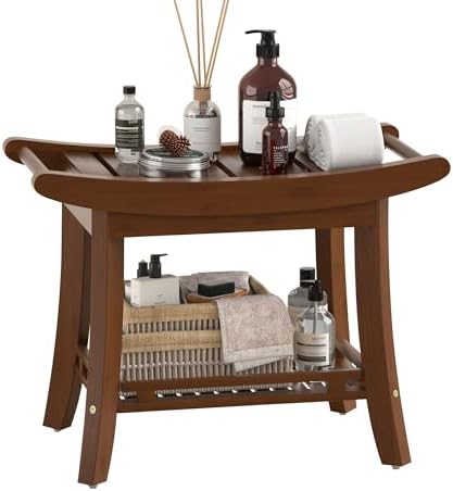 Bamboo Shower Bench Chair Bathroom Shower Stool Seat for Inside Shower Bathtub with Storage Shelf Shower Foot Rest for Shaving Legs 25.2 x 13 x 19.2 Inches Chestnut Brown