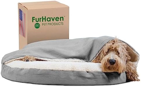Furhaven 35" Round Orthopedic Dog Bed for Large/Medium Dogs w/ Removable Washable Cover, For Dogs Up to 50 lbs - Sherpa & Suede Snuggery - Gray, 35-inch