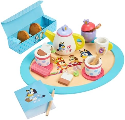 Bluey – Tea Party Set – Wooden 18-Piece Pretend Play Set with Tray, Teapot, Tea Cups, Biscuits, and Notepad for Children 3 Years and up – Imaginative Fun and Role-Playing, FSC Certified