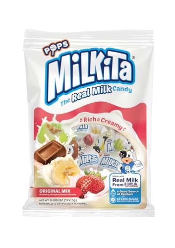 Milkita Creamy Shake Lollipop Bag, Gluten Free Chewy Candies with Calcium & Real Milk, Low-Sugar, Assorted Flavors (Strawberry, Chocolate, Honeydew, Banana), 15 Pcs