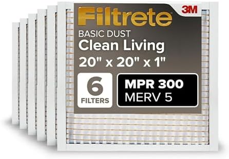 Filtrete 20x20x1 AC Furnace Air Filter, MERV 5, MPR 300, Capture Unwanted Particles, 3-Month Pleated 1-Inch Electrostatic Air Cleaning Filter, 6-Pack (Actual Size19.69x19.69x0.81 in)