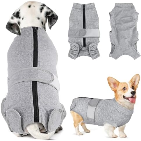 Lukovee Recovery Suit for Dogs, Zipper On Recovery Suit for Female Male Dog, Onesie Abdominal Wounds Cone E-Collar Alternative Prevent Licking Spay Recovery Suit (XX-Large, Grey)
