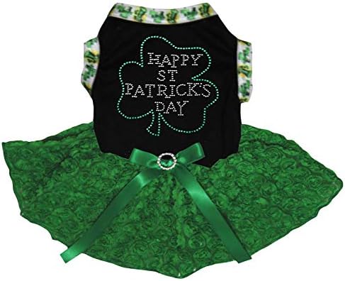 Petitebella Rhinestone Happy St Patrick's Day Puppy Dog Dress (Black/Green Floral, XXX-Large)