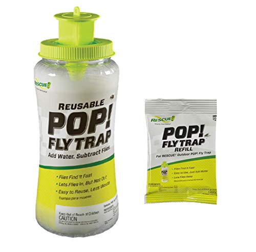 RESCUE! POP! Reusable Fly Trap with Fast-Acting Water-Soluble Attractant for Home & Agricultural Settings, Durable Recyclable Plastic (Pack of 4)