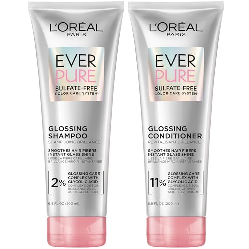 L'Oreal Paris Glossing Sulfate Free Shampoo and Conditioner Set with Glycolic Acid, Hair Care for Lasting Shine and Smoothness for Dull, Dry Hair, EverPure, 1 Kit