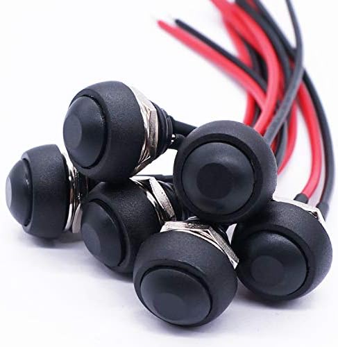 Twidec/6Pcs 12mm Momentary Push Button Switch 1/2" Mounting Hole On Off Mini Round Waterproof Black with Pre-soldered Wires PBS-33B-BK-X