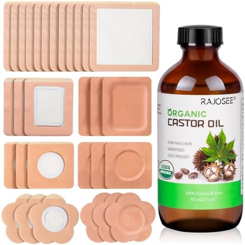 32Pcs Castor Oil Pack with Castor Oil Organic Cold Pressed Glass Bottle 8oz, Cotton Castor Oil Wrap for Waist Back Neck Arm, Self-Adhesive for Convenient Use